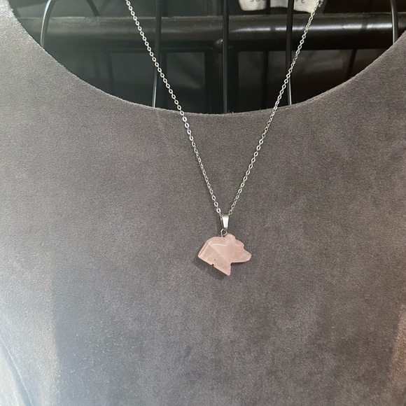 Rose Quartz Bear Pendant Necklace on Silver Copper Chain - Picture 10 of 14
